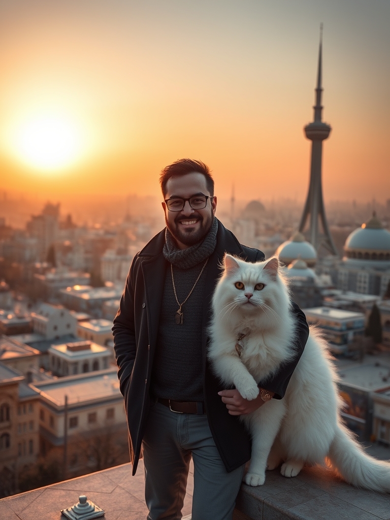 عکس یک مرد ایرانی در کنار پرشیا سفید و جلوی برج میلاد
17