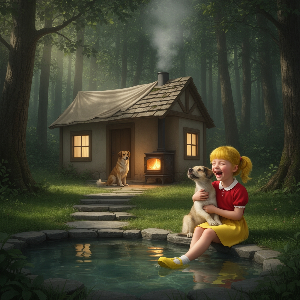 کلبه ای زیبا در وسط یک جنگل بادرب کوچک رومی و سقف پوشالی دو پنچره در سمت راست و چپ یه سگ در بیرون از منزل نشسته و نگهبانی می‌دهد در بیرون یه حوض جلو در بی منزل چند قدم دورتر هست پر از آب و درختان در اطراف کلبه کمی دورتر بیرون کلبه چمن هست اطراف و توی کلبه بخاری روشن و و دود بخاری از بالی سقف کلبه به بالا می‌رود و یک دختر بچه زیبا با لباس زیبا بلوز قرمز و دامن زرد و موهای زرد که از دو طرف گیسوانش رو جمع کرده و کفش زرد رنگ پوشیده و در حالیکه میخند و بازی میگند و در نزدیکی آب نشسته دست چپ سگ 0