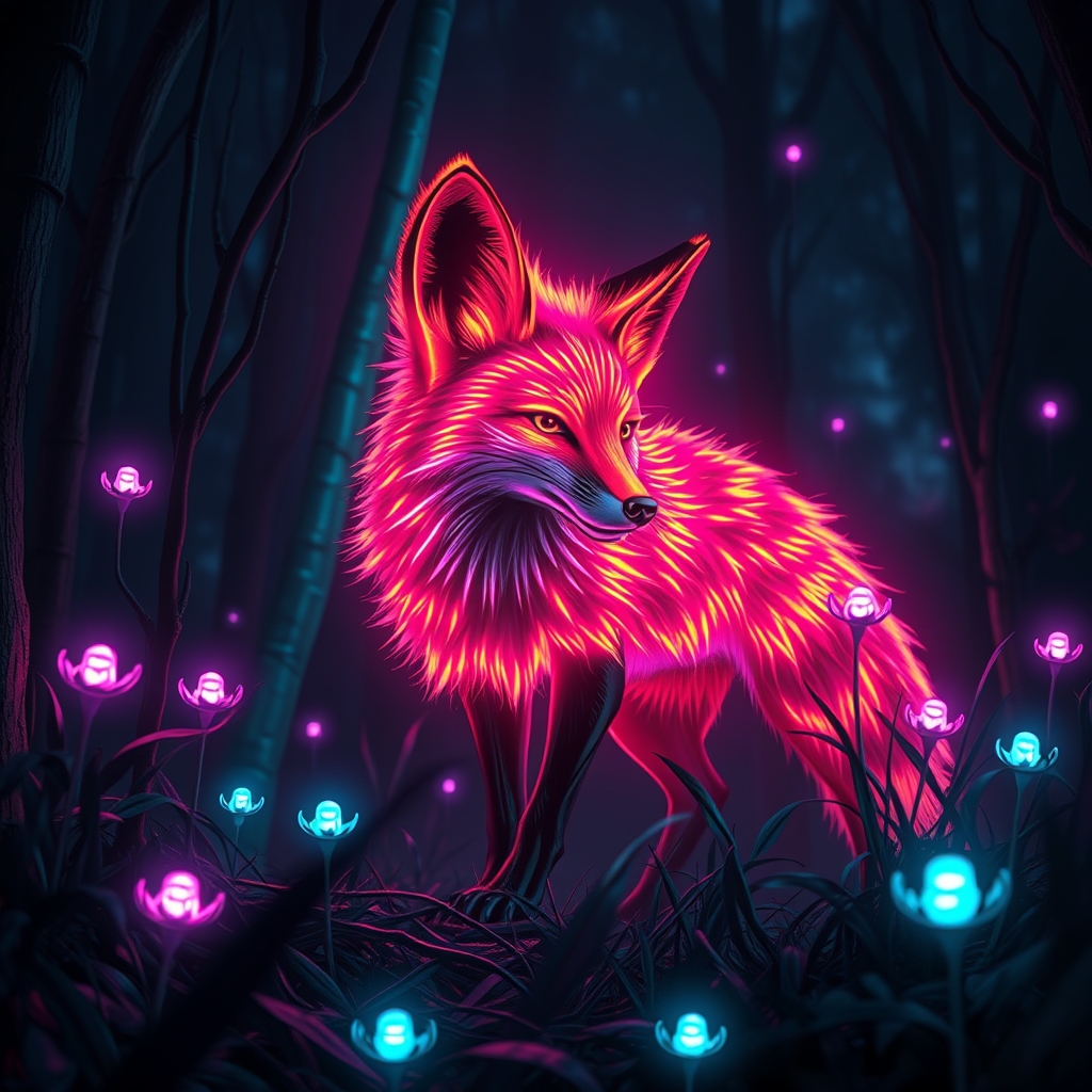 یک روباه نئونی درخشان در جنگلی تاریک و احاطهشده توسط گیاهان شبتاب0