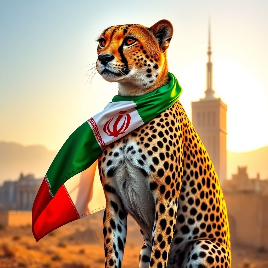 یوز پلنگی که پرچم ایران روی دوشش باشه و پشتشم برج میلاد باشد9