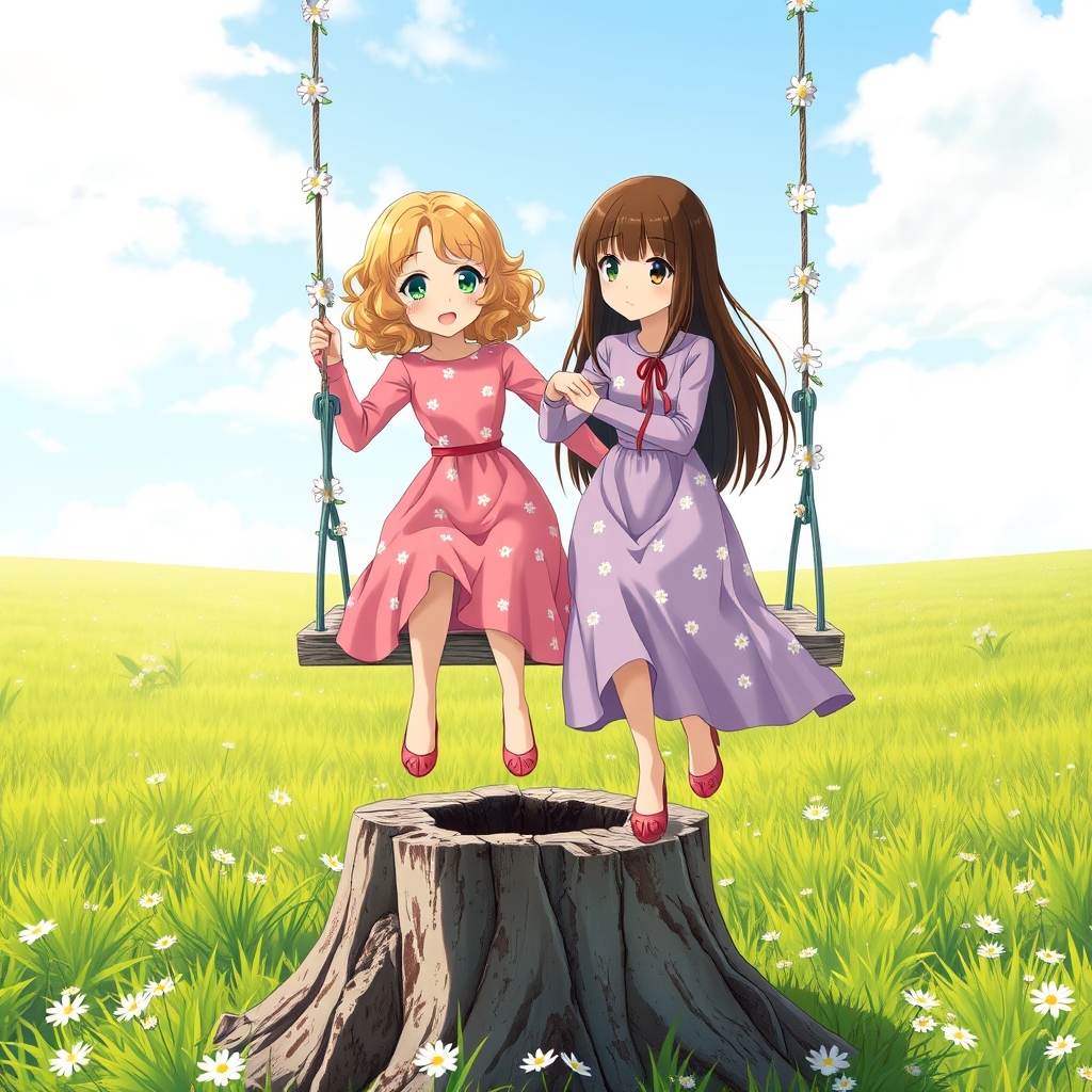 یک دختر زیبا با موهای طلایی و فر و چشمان سبز با قدی متوسط و اندامی متناسب با لباس صورتی با گل های ریز بابونه که روی تابی نشسته است و دختری زیبا ج با موهای قهوه ای تیره ساف با چشمانی سبز و لباسی یاسی با گل های ریز بابونه و قدی بلند که دارد تاب را هل می دهد تاب بر روی پخت کهنسال است و طناب تاب با گل های زیبا تزیین شده و آنها در دشتی سرسبز هستند 1