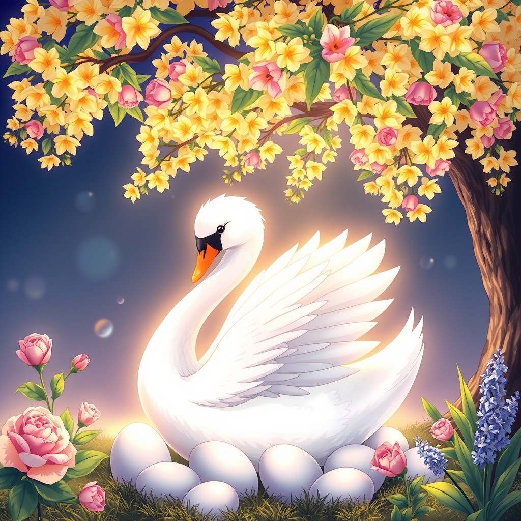 یک قوی زیبا که با بال های در  درخشان نشسته روی تخم هایش و به گل های رز و سنبل که کنار او هست نگاه می کنند و بالای سر درختی است که شکوفه های زرد و صورتی دارد9