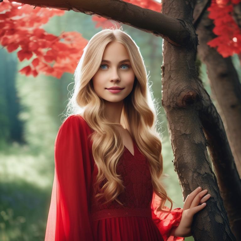 یک عکس پرتره از یک دختر جوان با چشمان آبی و موهای بلوند بلند، لباس قرمز پوشیده و لبخند ملایمی بر لب دارد. پس زمینه یک جنگل با درختان سر به فلک کشیده است20
