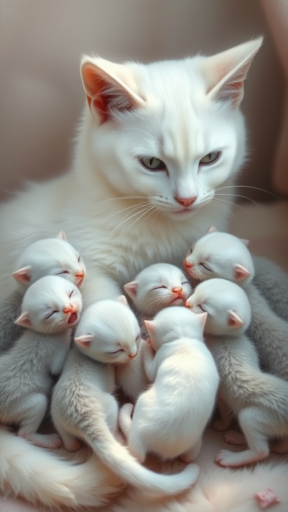 یک گربه سفید با چند بچه گربه اطراف آن که رنگشان آبی کمرنگ و رنگ بعضی شان سفید است و دارند شیر میخورنو9