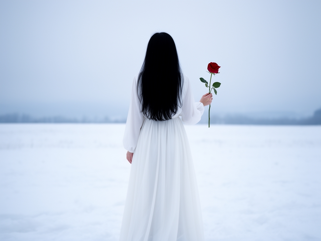 روزی برفی و دختری با موهای مشکی بلند و با پیراهنی سفید به او کاملا پشتش ایستاده و فقط می توان پشت او را دید و در دستش گل رز دیده می شو پوست او سفید است 0