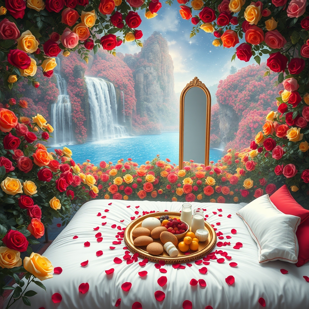 باغ بزرگ و افسانه ای پر گل سرخ لی لی یم زرد سفید و اطلسی و شب بو
دورادور آبشارها روان به داخل برکه می ریزند وسط برکه زیر تونل افراشته از گل سرخ تشک گرم و نرم سفید با کوسن های قرمز پر شده با گلبرگ های سرخ
و سینی گرد و طلایی پر نان کره خامه عسل میوه و شیر و شیر برنج
یک آینه تمام قد بلند از طلا 12