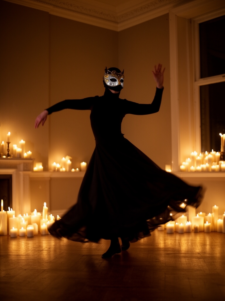 یک رقصنده نقاب‌دار مرموز در حال اجرا در اتاقی روشن با نور شمع.0