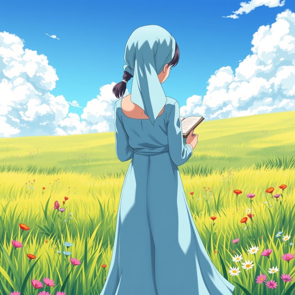 دختری زیبا و مهربان که پشتش به ماست در دشتی زیبا مشغول کتاب خواندن است
دختر لباس آبی روشن دارد6