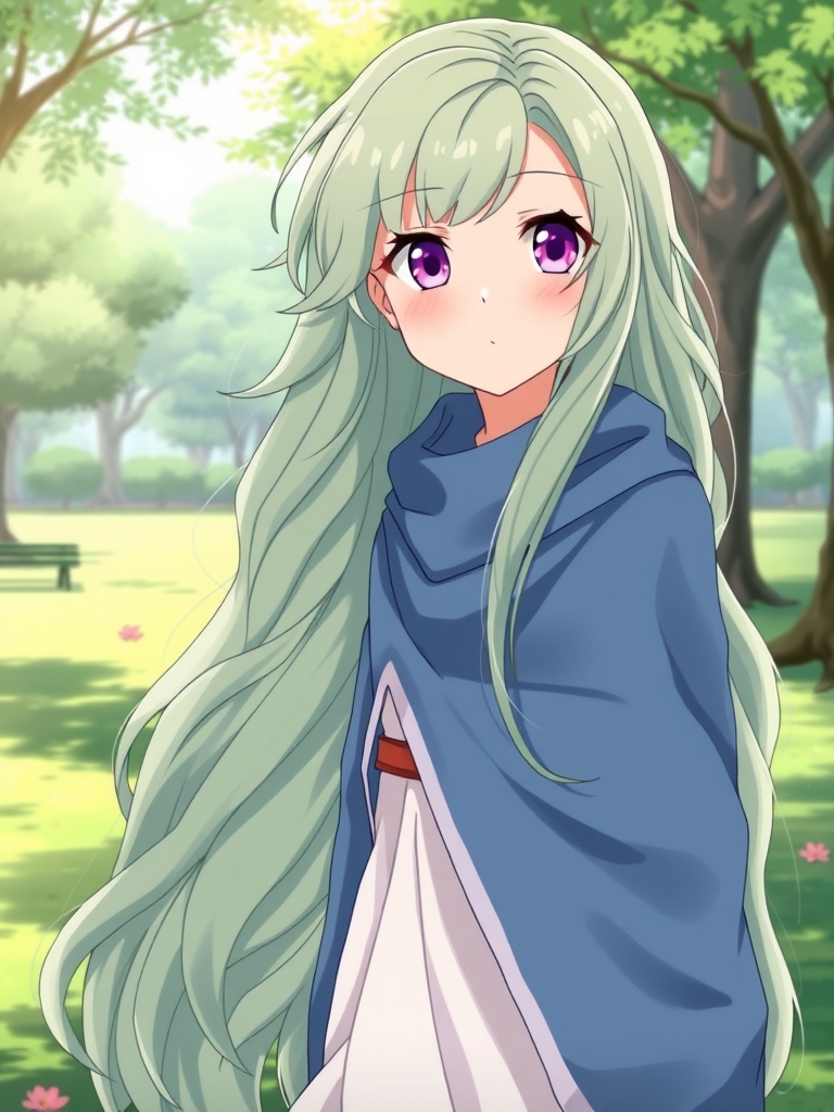 عکس یه دختر با موهای سبز کمرنگ خیلی بلند حالت دار که لباس های آبی و سفید پوشیده و چشماش صورتی هستن و توی پارک ایستاده1