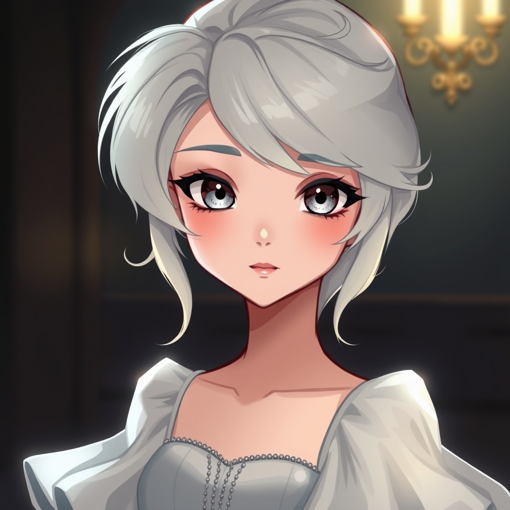 یک پرنسس زیبا مو نقره ای و چشم خاکستری، که در یک اتاق تاریک می‌درخشد.و لباسی زیبا دارد سبک‌زیبایی1