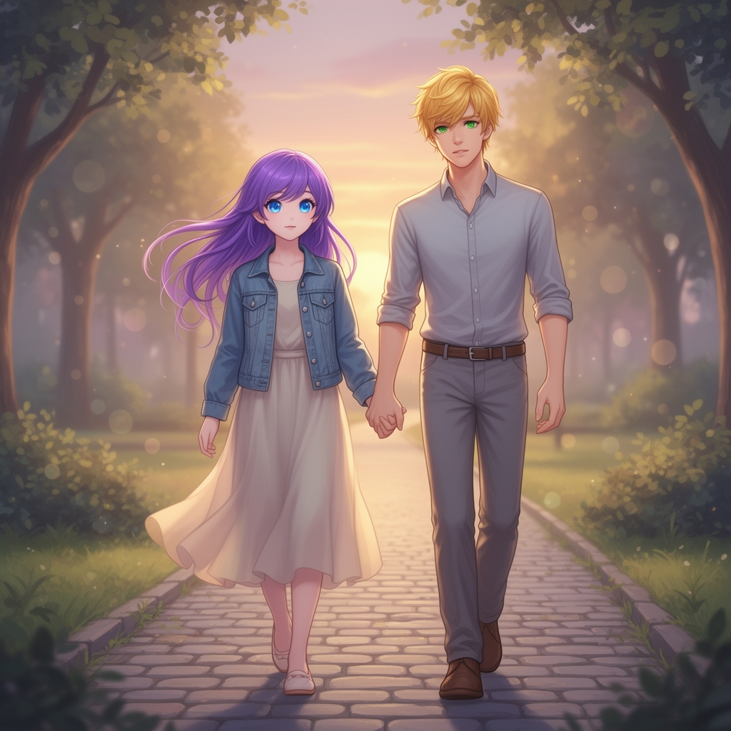 دختری با موهای بنفش و چشم های آبی روشن در کنار یک پسر با موهای طلایی و چشم های سبز که دست هم را گرفته اند و عاشقانه راه میروند5