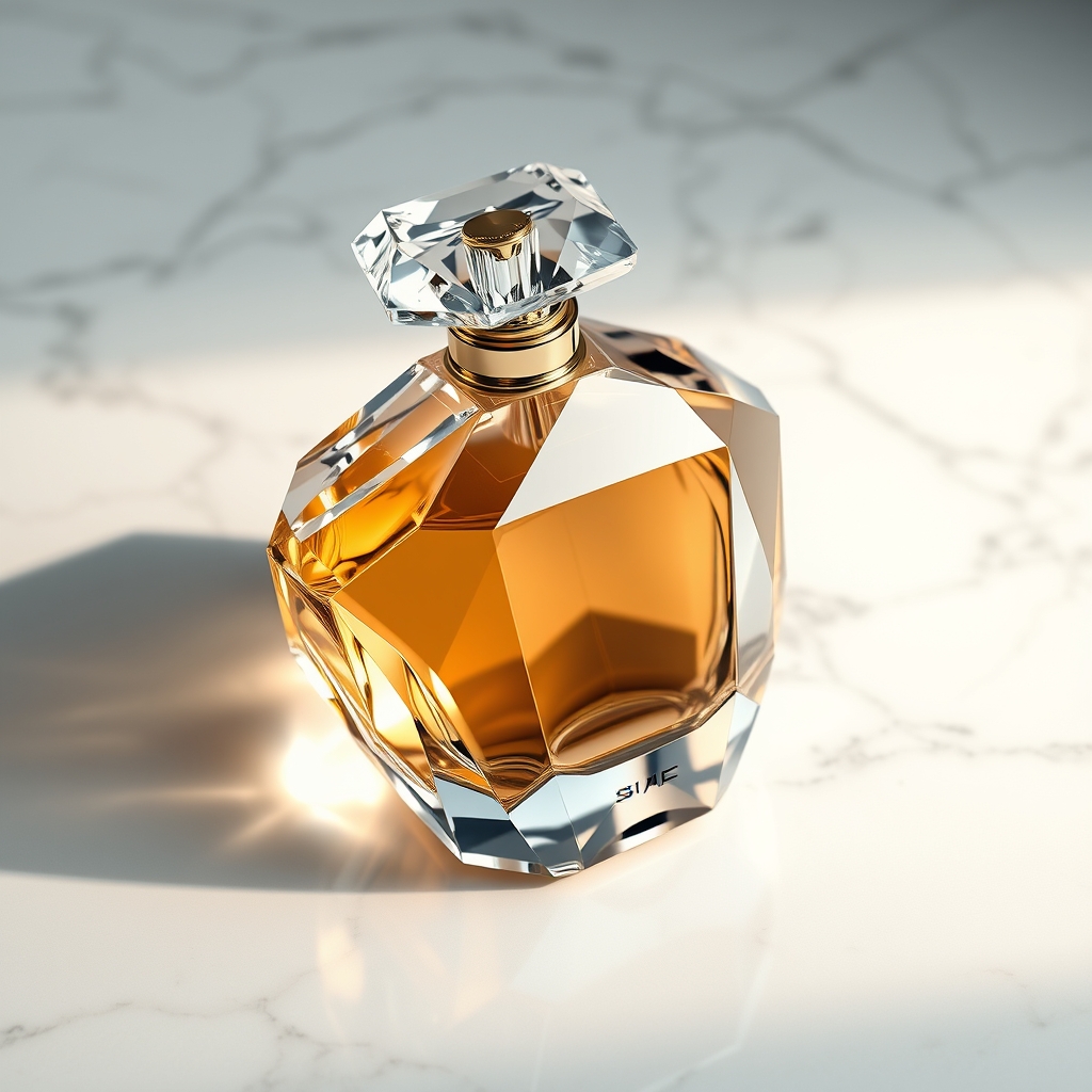 یک شیشه عطر لوکس به شکل الماس، قرارگرفته روی یک پیشخوان مرمر.3