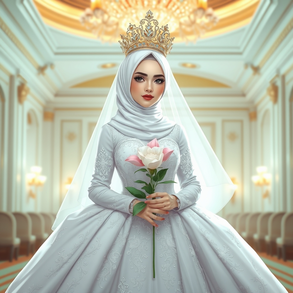 عکس یک عروس بی حجاب که لباس پرنسسی سفید پفی دارد و در یک تالار لاکچری با رژ لب و رژگونه نچرال و در دستش گل سفید و صورتی دار با تاج بسیار زیبا
0