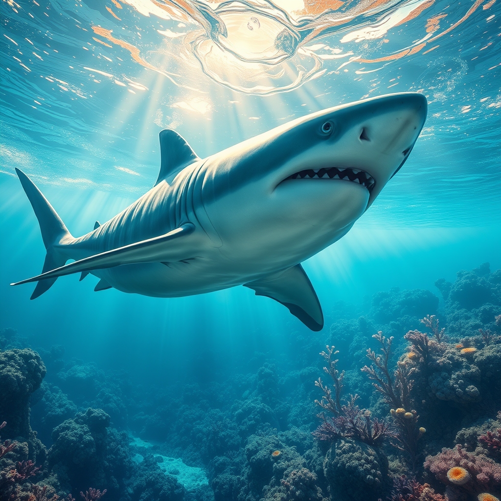 یک کوسه بزرگ و زیبا در اقیانوس قشنگ که انعکاس آفتاب د آب افتاده16