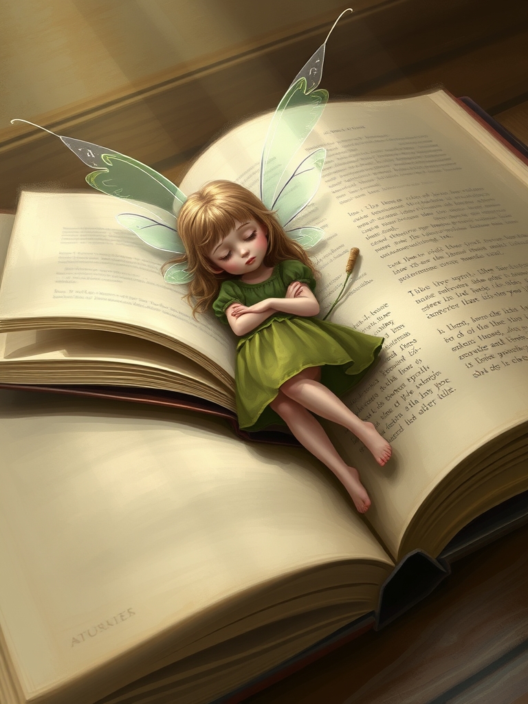 یک پری دختر نوجوان کوچک
 که روی صفحات یک کتاب باز 
و بسیار بزرگ خوابیده 15
