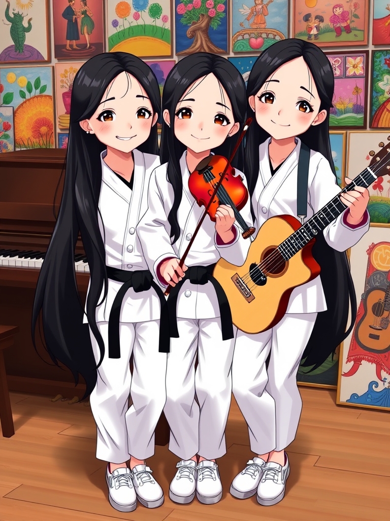 سه قلوهای تکواندوکار،موزیسین،نقاش،زهرا،فاطمه،زینب سه خواهر سه‌قلو و شبیه هم هستند و تکواندوکار هستند و هر سه لباس و شلوار سفید تکواندو پوشیده اند و کمربند مشکی دارند و موهای هر سه تاشون خیلی بلند و مشکی‌ است و کتونی سفید دارند و لبخندملایمی بر لب‌های سرخ‌شان دارند و زهرا پیانو می نوازد و فاطمه ویولن می نوازد و زینب گیتار می نوازد و پشت سر آنها پر از تابلوهای نقاشی این سه خواهر است19