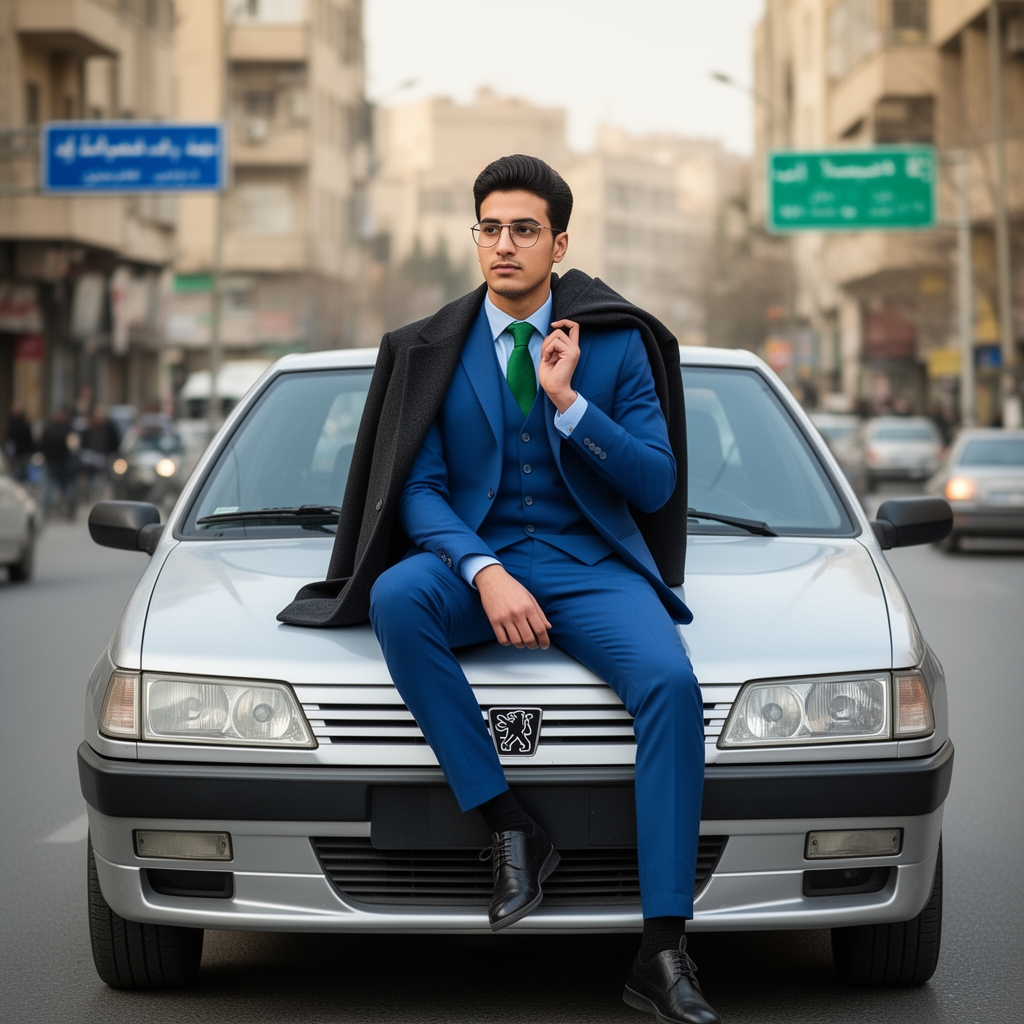 یک پژو ۴۰۵ در تهران یک فرد رویش نشسته ژو ۴۰۵ نقرهای باشه چراغهای جلو دوبل باشه هشکن داشته باشه اسپرت باشه و یک پسر جوان نشسته باشه روی کاپوت با کت شلوار کت شلوار ۶ دکمه با رنگ آبی با کراوات سبز و پالتو در دوش و یک عینک نازک بر چشم0