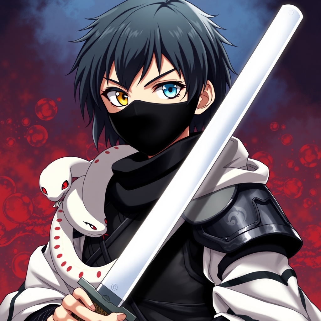 شیطان کش هاشیرای افعی
یک پسر با موهای کمی بلند سیاه که چشم راستش زرد و چشم چپش آبی رنگ است و ماسک سیاه زده و شمشیر سفید دارد و دور گردنش یک مار سفید رنگ با چشمای قرمز است
و یک لباس رزم ژاپنی سیاه پوشیده از روی آن شنل سفید با رگه های سیاه پوشیده است 5