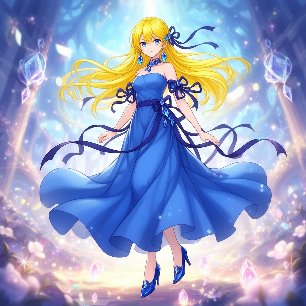 کاراکتر انیمه دختر با موهای زرد که با روبانی آبی از پشت بسته شده و با چشمان آبی بلورین مانند با دامن آبی و تزئین شده با روبان هایی به رنگ آبی پررنگ و با گوشواره های بلوری آبی با کفش پاشنه بلند آبی 0