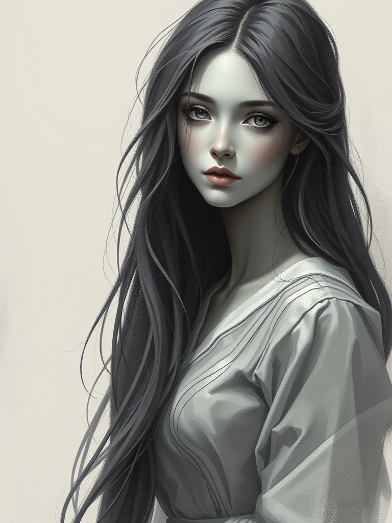 The image is a monochromatic painting of a woman with long hair, depicted in a soft, ethereal style with light and shadow playing across her features.5