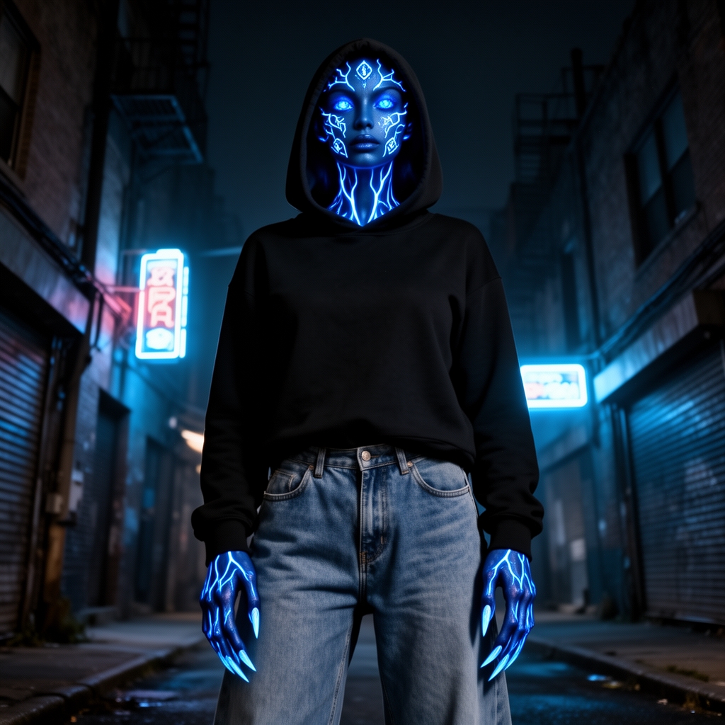 یک دختر نیمه انسان ، نیمه هیولای بسیار بسیار و فوق‌العاده زیبا و نیلی رنگ با رگه ها و نقش و نگار های درخشان نیلی و چشمان درخشان نیلی رنگ ( عنبیه ی چشمش ) و ناخن های تیز و بلند و قد سه متری و بدون شاخ و سویشرت زنانه سیاه به تن دارد و کلاه سویشرت خو را هم کشیده است سرش و شلوار لی گشاد می پوشد.0