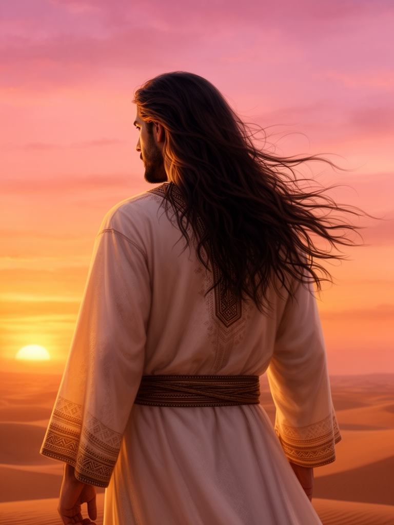 مردی با لباس عربی پشت ب دوربین با موهای بلند رو ب غروب خورشید1