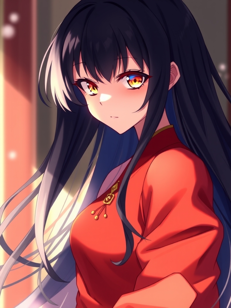 دختری با موهای مشکی و بلند چشماش یکی زرد و یکی ابی باشه و لباسه سلطنتی به رنگه قرمز 9