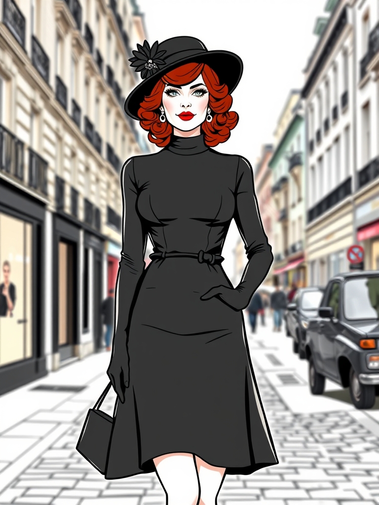 عکس قدی دختر با ارایش کلاسیک و رژلب قرمز با مو حالت دار کوتاه قرمز رنگ،لباس کلاسیک فرانسوی مشکی و دستکش تور مشکی و کلاه تور مشکی در یک خیابان در پاریس3
