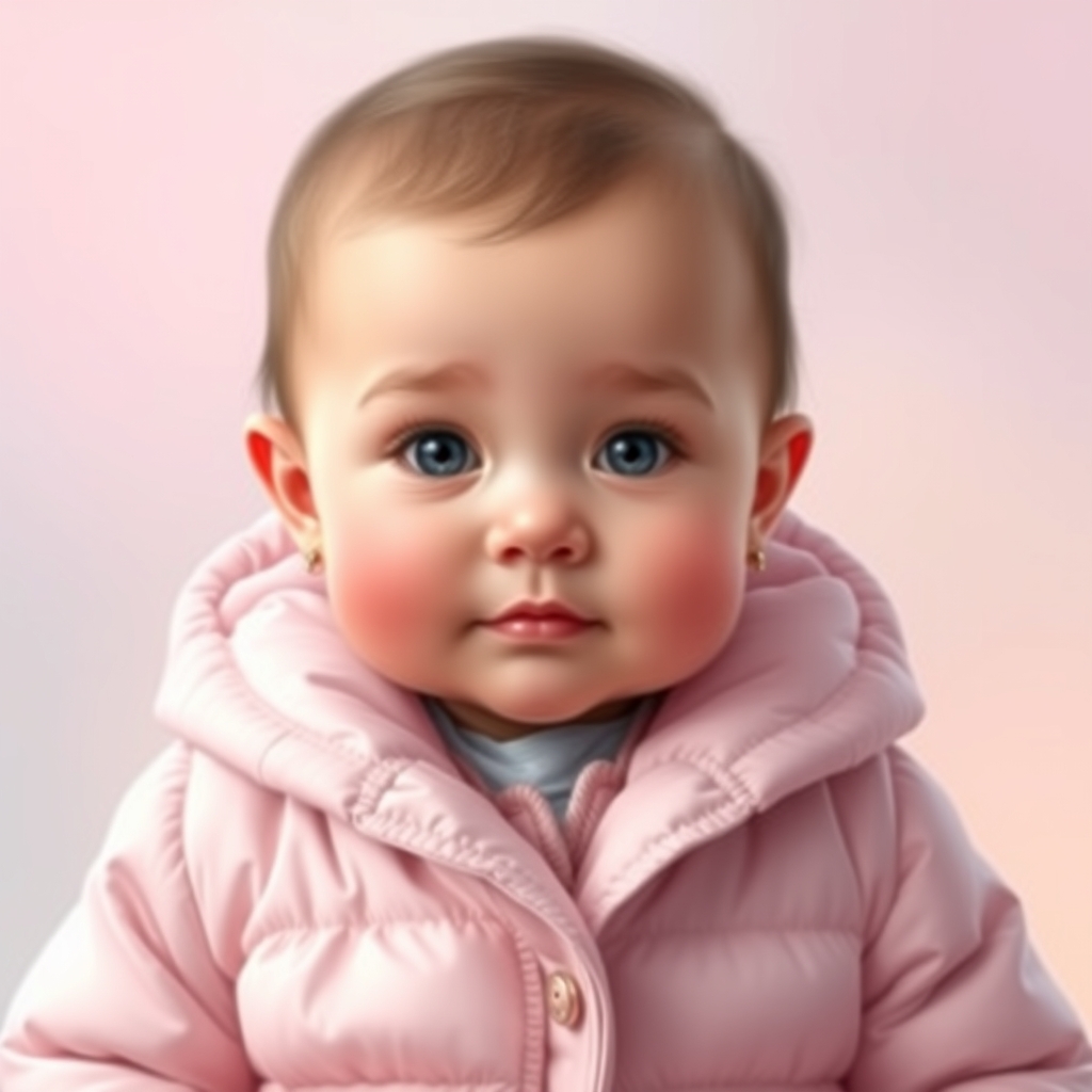 دختر یک ساله با کاپشن صورتی و گوشواره قلبی که مستقیم به دوربین نگاه میکند و خیلی با نمک است16