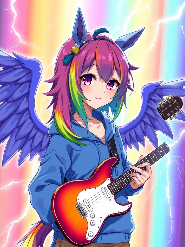 یک دختر با موهای رنگین کمانی با بال های آبی و گوش های شبیه اسب با هودی آبی که یه رعد رنگین کمانی در پسزمینه و یک گیتار در دستش23