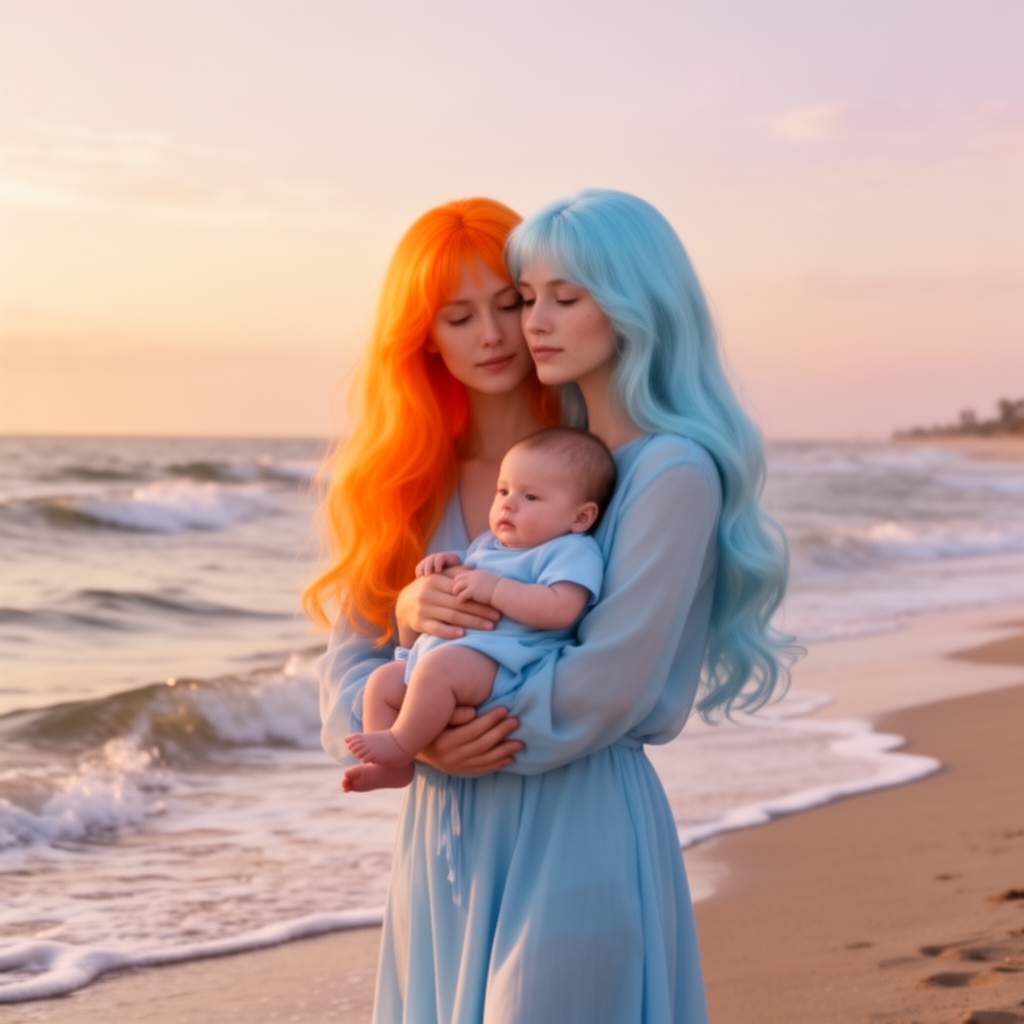 زن دو سر ایستاده  کنار ساحل با لباس های ساحلی آبی کم رنگ که موی سر اول نارنجی  بلند و سر دوم آبی کم رنگ بلند با یک نوزاد در دستانش 0