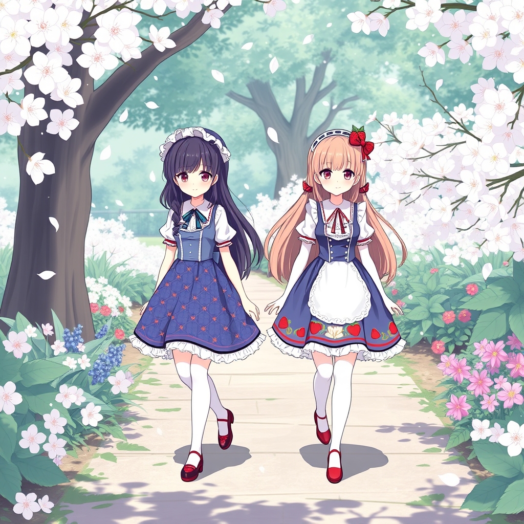 دختر بلوبری با دختری توت‌فرنگی لباسی برنسسی زیبا به تن کرده بودند و جوراب سفید به پاهایش کرده بودند و درباغی زیبا قدم می‌زدند و باران شکوفه سفید گیلاسی در آنجا می‌بارید. 4