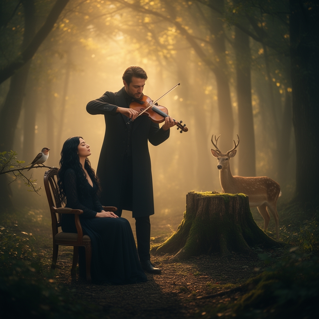 مردی قد بلند که وایساده و در حال نواختن ویولن هست و زنی با موهای سیاه مواج روی یک صندلی مقابل او نشسته و چشم هایش رو بسته و آن دو در جنگلی هستند و در کنار ان دو حیوانات هستند مانند گنجشک و گوزن1