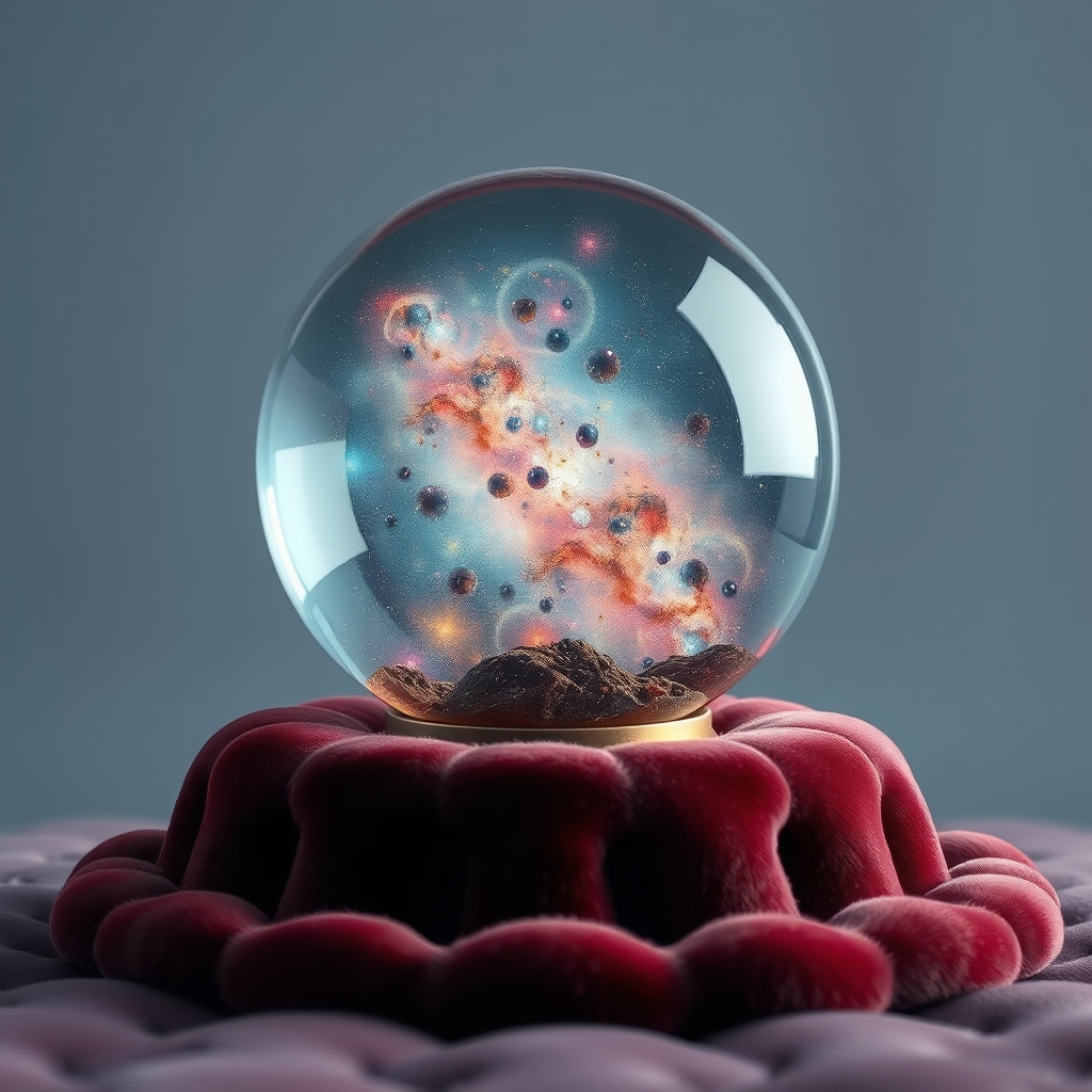 یک کره شیشه‌ای پر از کهکشان‌های چرخان، قرارگرفته روی پایه‌ای مخملی.5