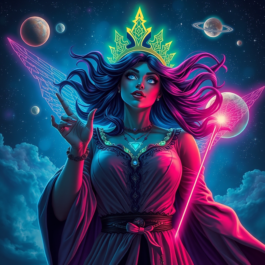 جادوگری زیبا مانند ملکه که در اسمان با چشمان و مو های کربنی درحال پرواز🩵💙💜🌗🌚🌞🌟🌠🌌🪷🌸👌👌👌21