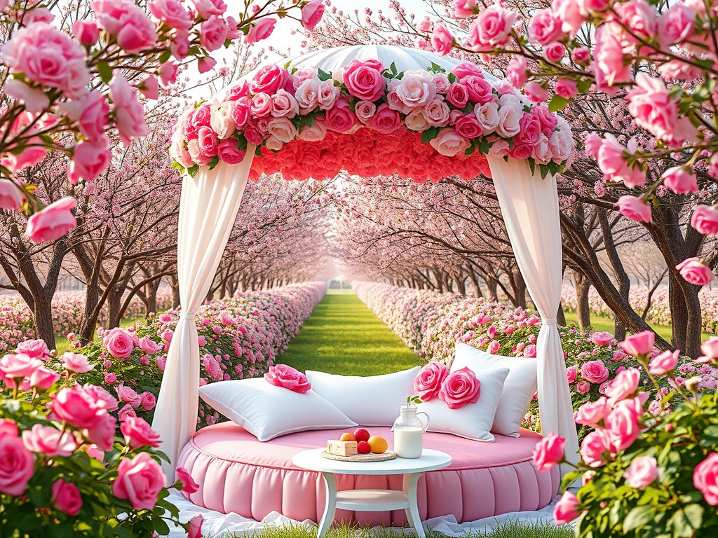 در صبح بهاری باغ گل رز صورتی در احاطه درختان پر شکوفه
 زیر تونل درست شده از گل های سرخ
 یک خیمه توری گل بهی سفید و صورتی با تخت گرد صورتی با کوسن های سفید پر از گل های رز صورتی و میز کوچک سفید با نان کره خامه عسل میوه شیر



3