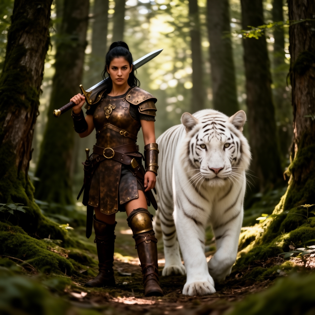 زن جنگجو وقوی در جنگل کنار ببر سفید 5