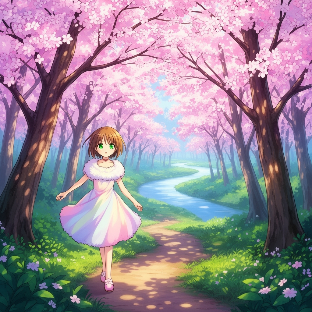 جنگلی زیبا که درختانی دارد با شکوفه های صورتی و زیبا که دختری در آنجا با پیراهنی پف دار قدم می‌زند و چشمان سبز دارد و رودخانه ای در آن دور ها دیده میشود10