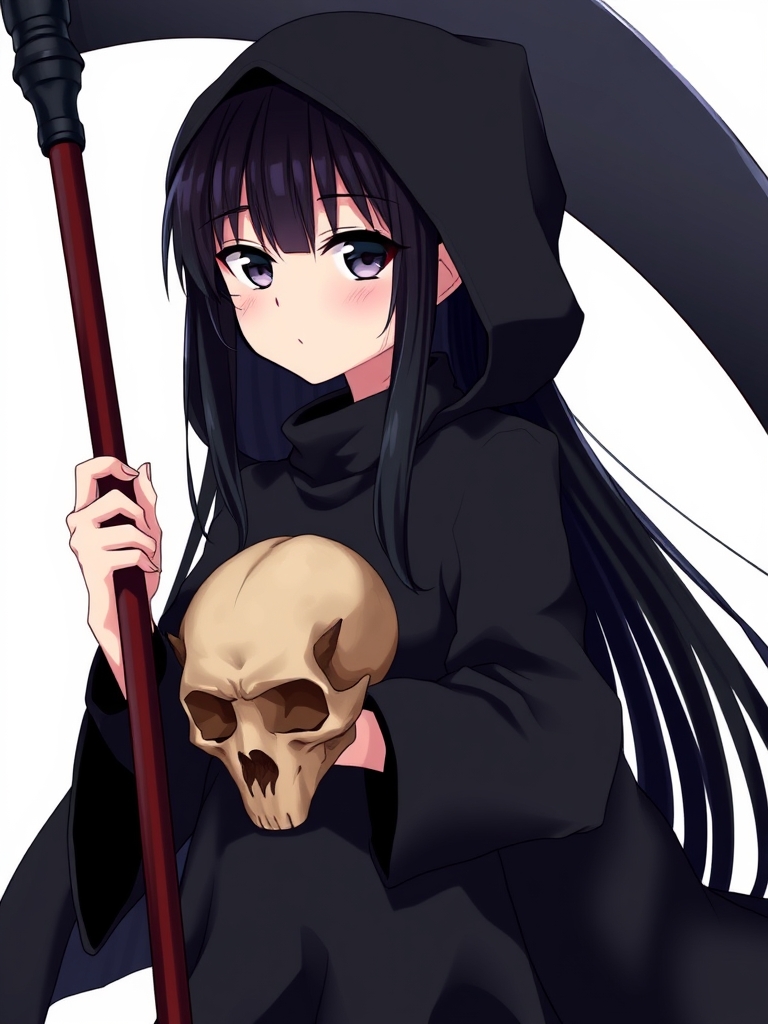 تصویری با کیفیت بالا و جزئیات دقیق از دختری با موهای مشکی صاف بلند و چشمان مشکی و لُپ های قرمز و لباس شنل کلاهدار و لباس با دامن کوتاه مشکی و داس بزرگ تیزی در دست دارد و در دست گیره اش کله اسکلت انسان است11