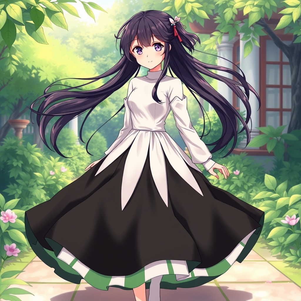 عکس یک دختر باموهای بلند مشکی و قهوه‌ای و دامن مشکی و سفید و سبز و پفی وچین دارودر یک فضای سبز باغ ویلا در حال لبخند زدن16