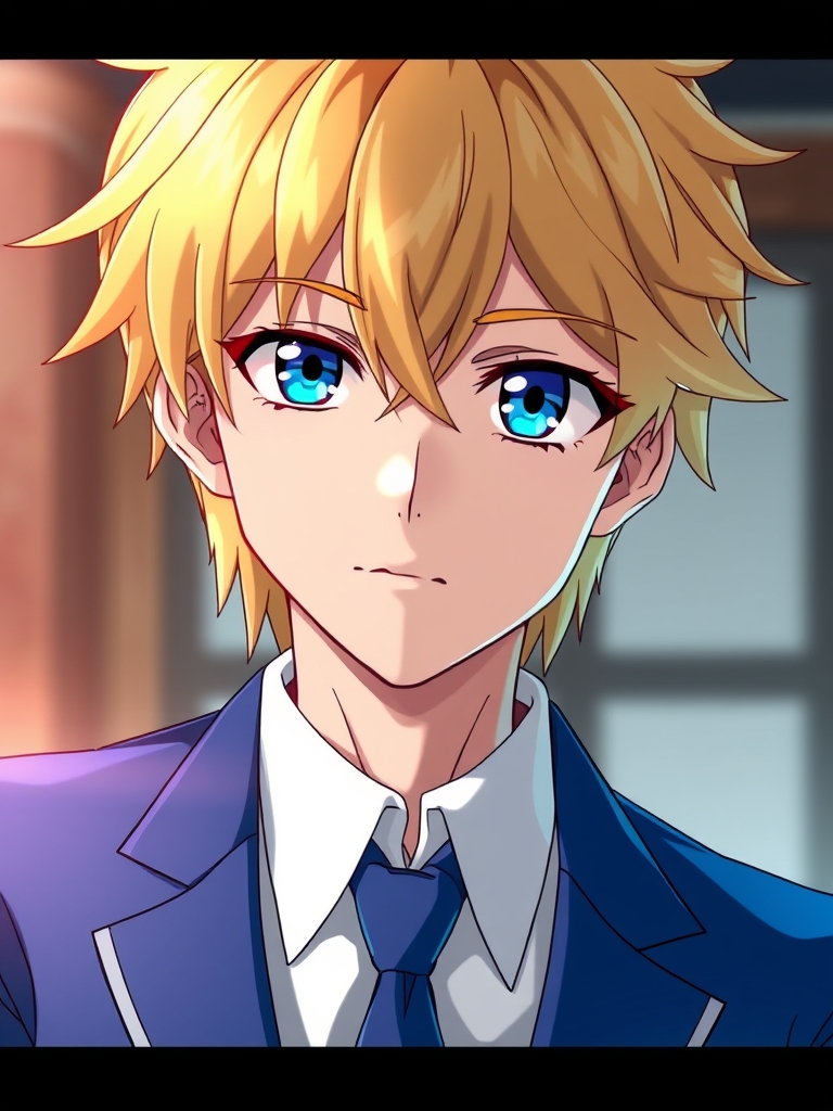 عکس یه پسر با موهای طلائی و چشمای آبی.  اون پسر ۲۳ساله‌ هست و یه کت آبی پوشیده4