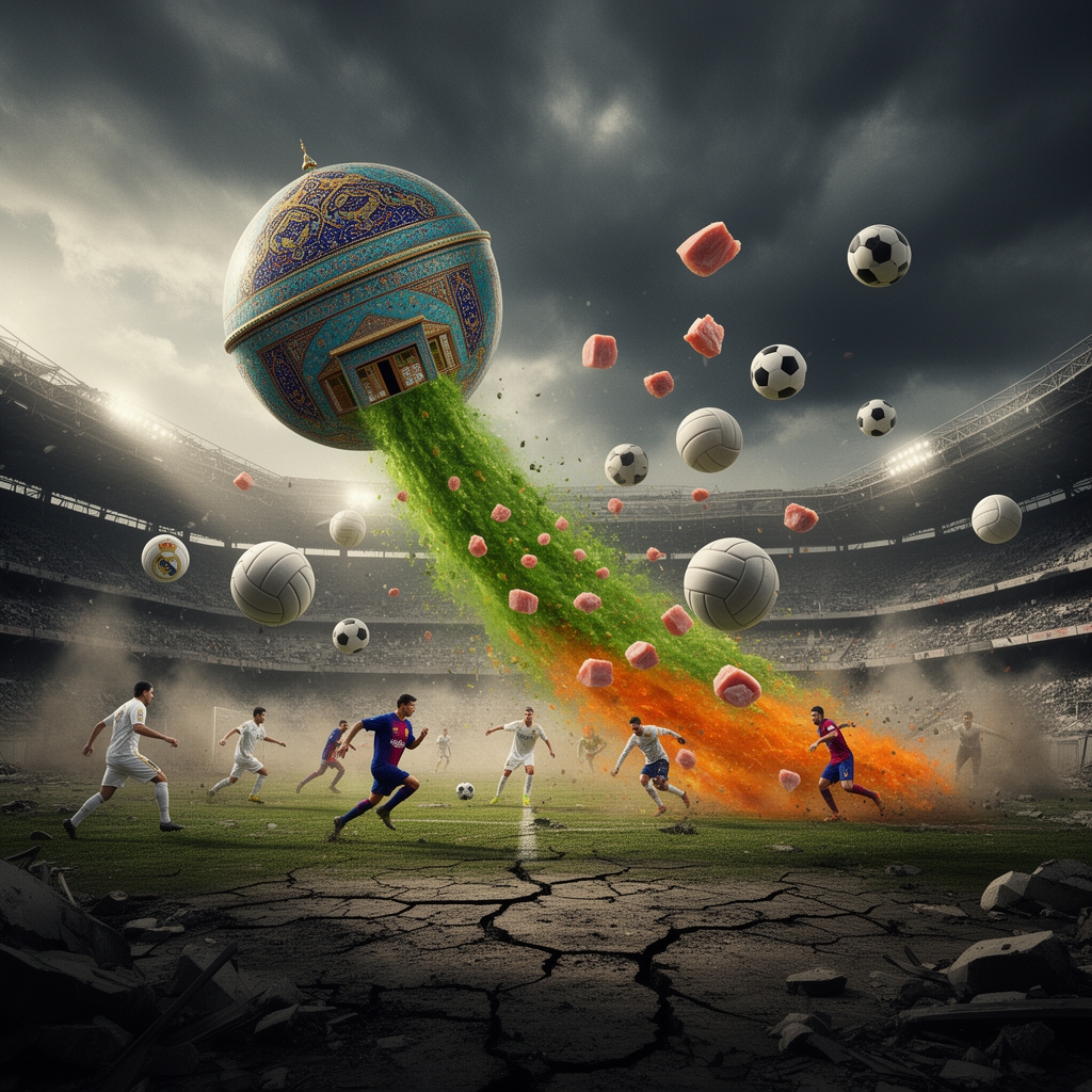 جنگ جهانی و پرتاب توپ والیبال و فوتبال و زمین فوتبال و مسابقه بین رئال مادرید و بارسلونا و توپ خانه ایرانی در حال پرتاب قرمه سبزی و ژامبون های موش
4