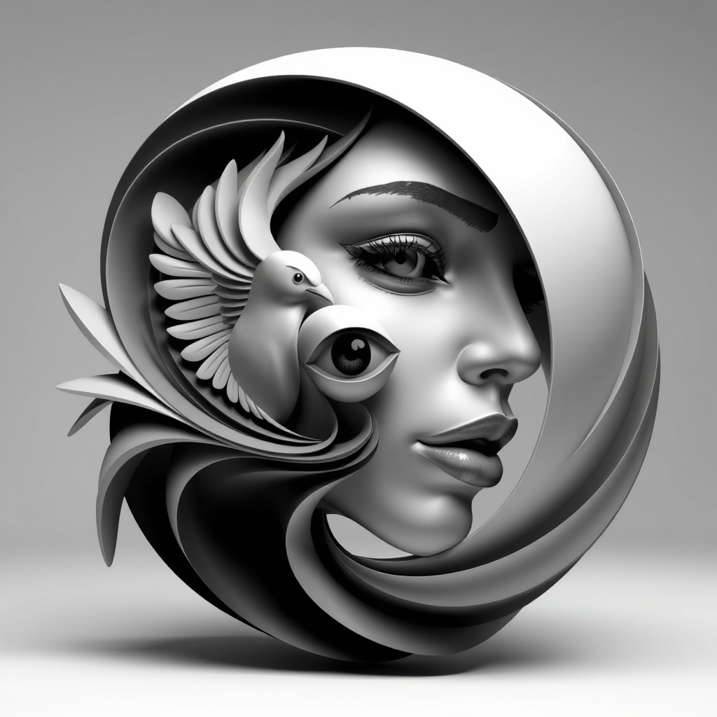 The image is a black and white abstract artwork featuring a woman with an eye and a bird, blending into each other in a swirling, flowing pattern.10