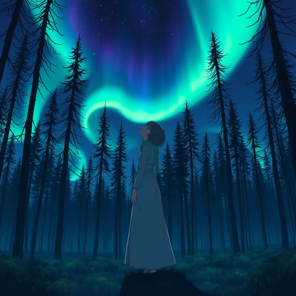 دختری تنها در جنگل تاریک که به شفق قطبی نگاه میکند 1
