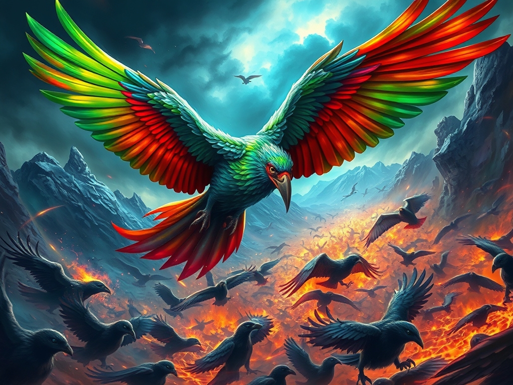 پرنده ای با رنگ های سبز،قرمزوآبی در حال پرواز با لشکری زیبا در حال جنگ با لشکری از پرندگان سیاه و زشت14