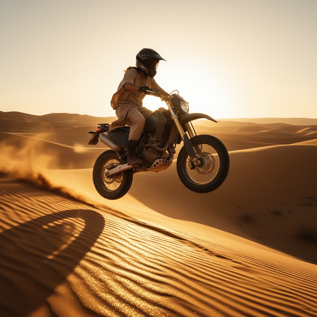 یک فرد داخل کویر با لباس و کلاه کاسکت مخصوص موتور تریل که سوار موتور تریل شده و از یک تپه به سمت هوا پریده ، نور خورشید داره موتور و شن های توی کویر رو میدرخشونه3