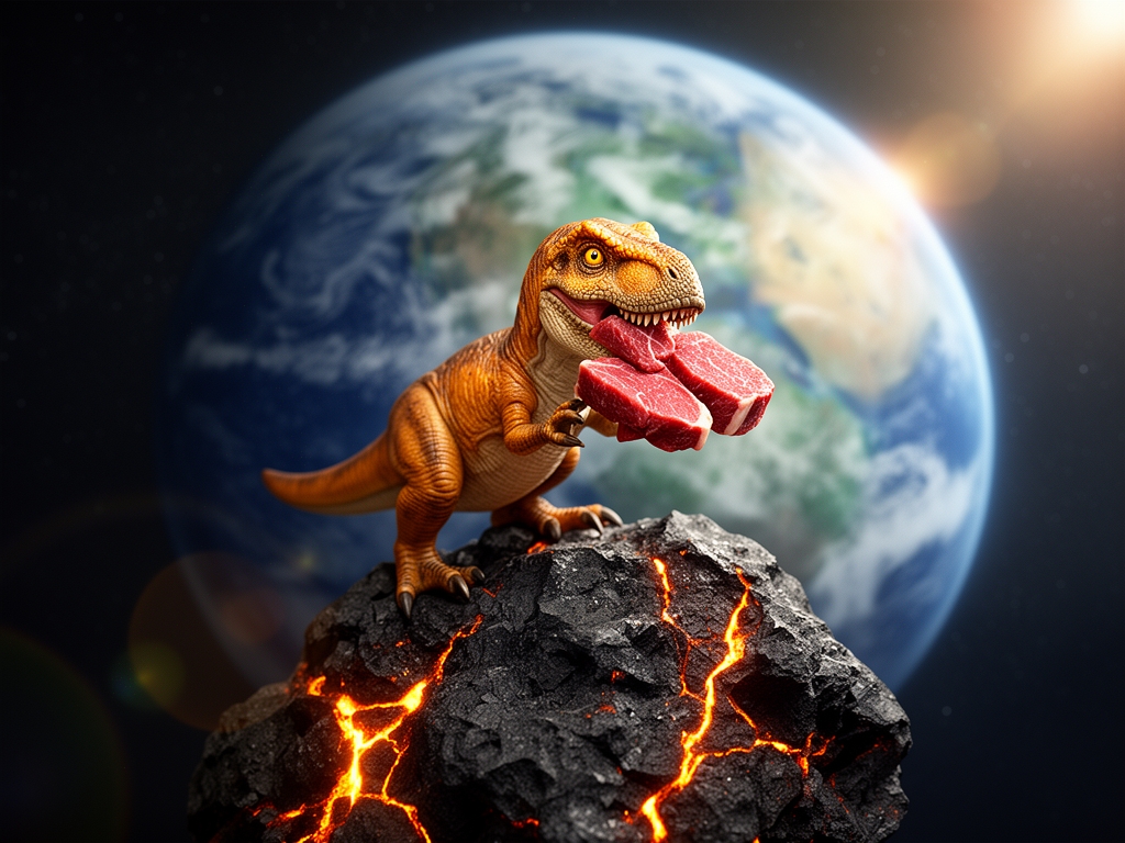    یک تیرکس کوچولو ناز که روی شهاب سنگ  نشسته و پشتش سیاره زمینه و داره استیک هارو میخوره3