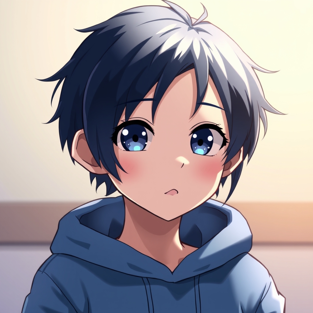 پسری با موهای آبی متمایل به مشکی چشم‌هایی با رنگ ترکیبی آبی و مشکی و هودی آبی 3