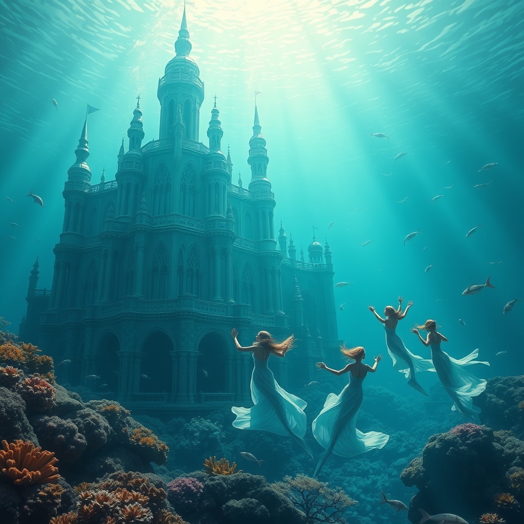 قعلعه زیر آب که کناراش پری دریایی هاه صورت پراکنده شنا میکنن6