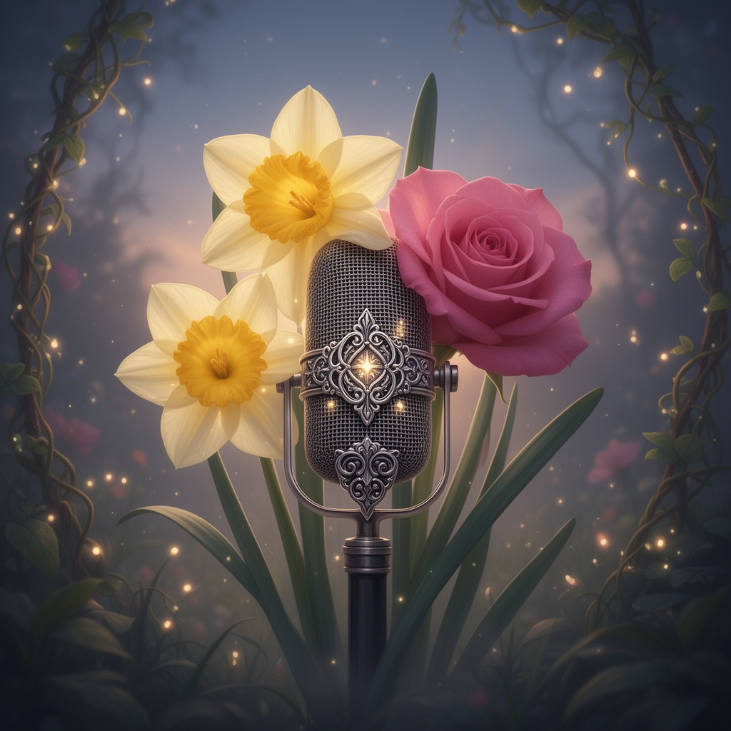 ترکیبی از گل نرگس و گل رز صورتی ویک میکروفون با حاشیه زیبا1